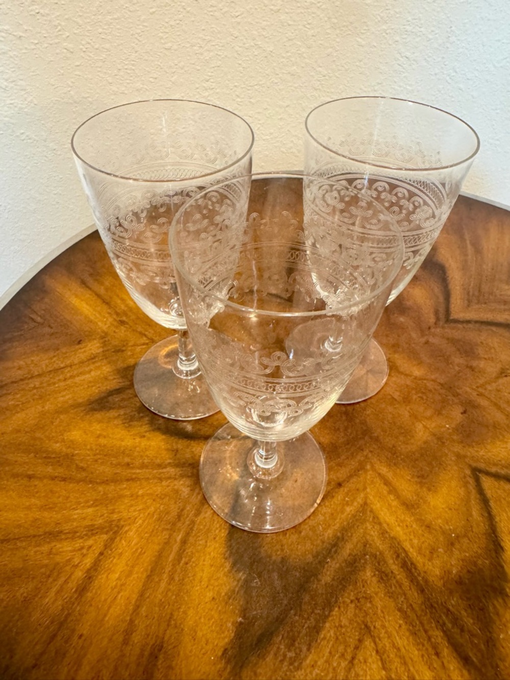 3 Fostoria Glass Etched Chintz Clover Leaf Tall Claret Wine Glasses 7”
